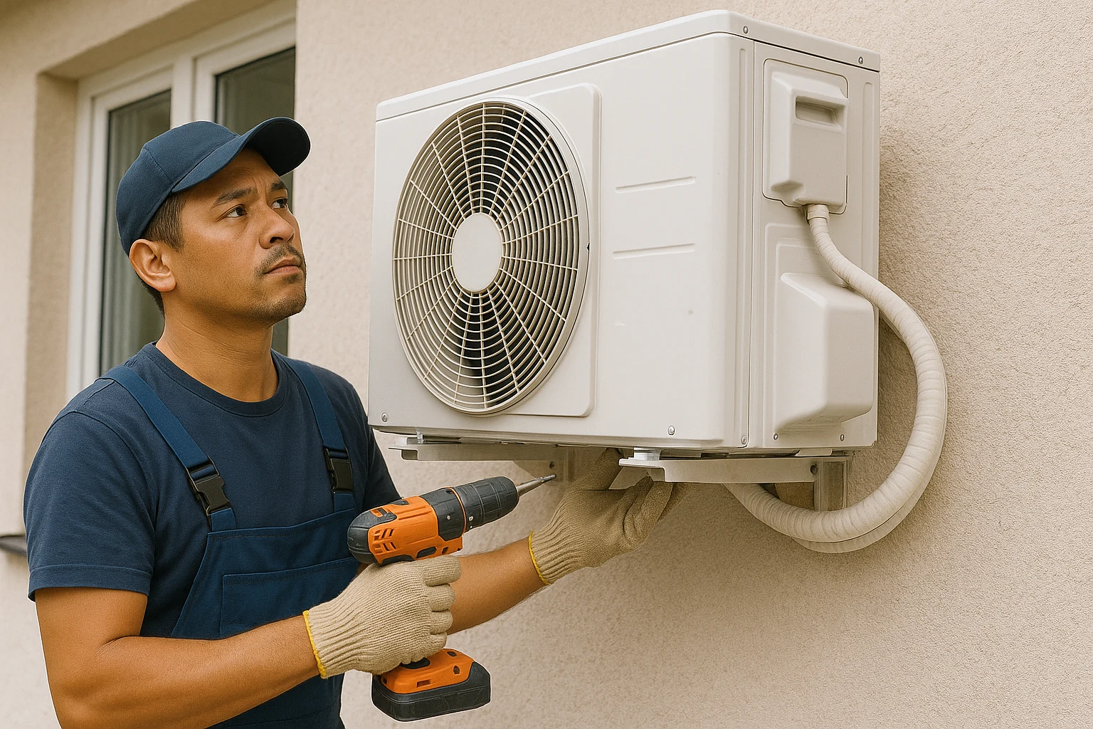 Technician inspecting a wall-mounted outdoor air conditioning unit