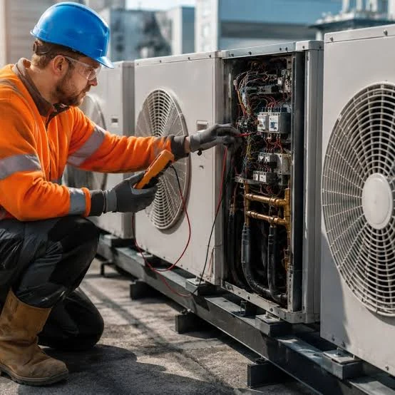 HVAC technician checking wiring inside an outdoor heating and cooling system